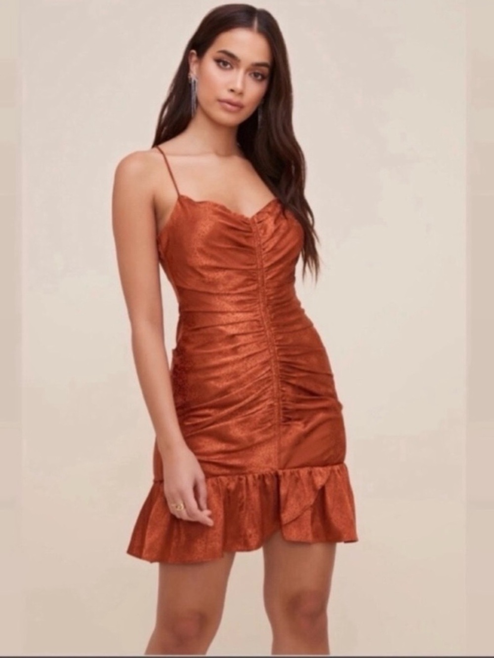 Astr Copper Ruched Satin Spaghetti-Strap Mini Dress